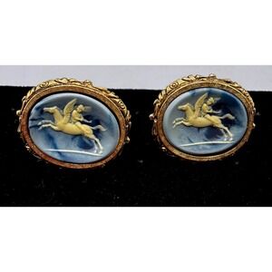 Vintage Dante Blue Pegasus Cameo Cufflinks Gold Tone Mythology Bellerophon